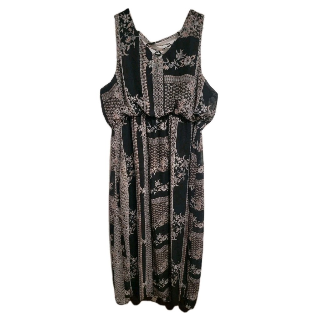 Maurices XXL Boho Floral Maxi Dress Black Pink Elastic Waist Strappy Neck